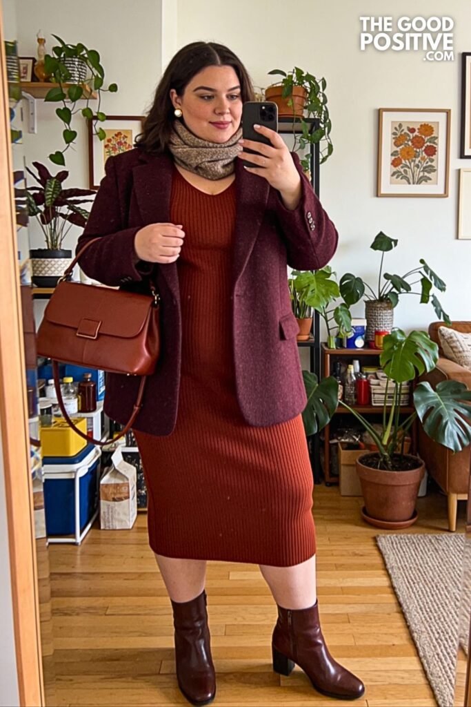 12. Mulberry Wool Blazer with Cinnamon Midi Dress