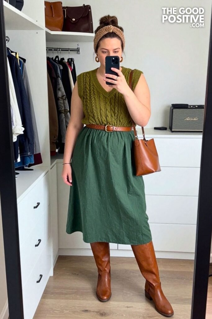 Mustard Cable Vest with Forest Green Poplin Dress