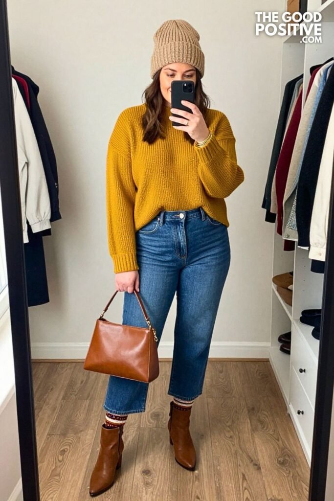 Mustard Funnel Neck Sweater with Chocolate Denim Culottes
