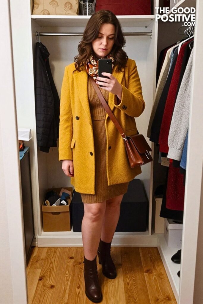 Mustard Textured Blazer with Espresso Knit Column Dress