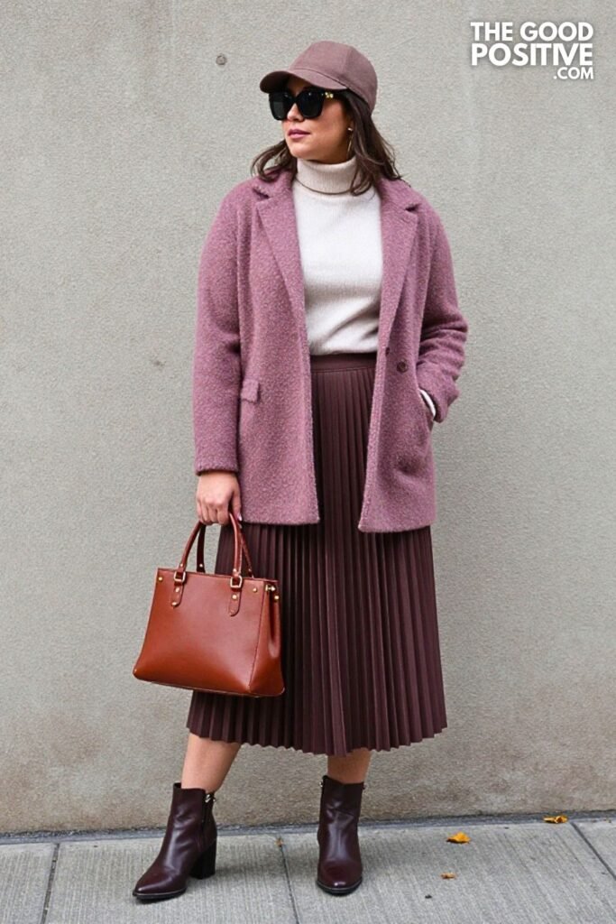Muted Berry Overshirt with Warm Camel Pleated Midi Skirt