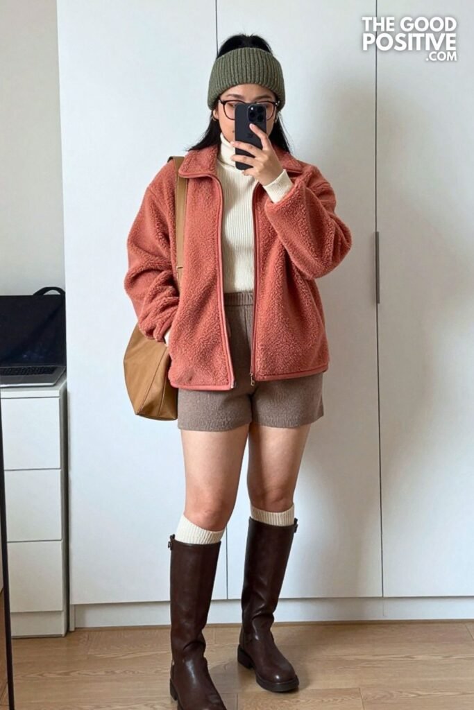 Muted Coral Fleece Jacket with Oatmeal Knit Shorts