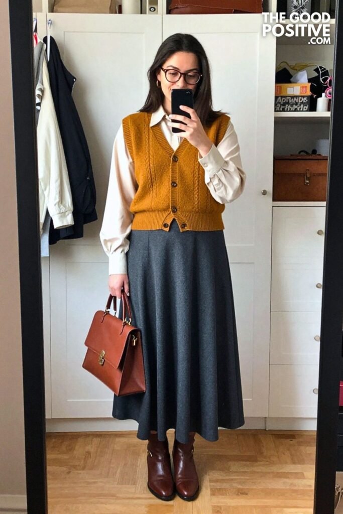 Muted Mustard Knit Vest with Slate Gray Maxi Skirt
