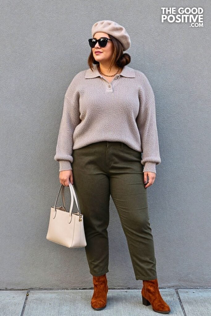 Muted Pumpkin Knit Polo with Deep Olive Barrel Pants