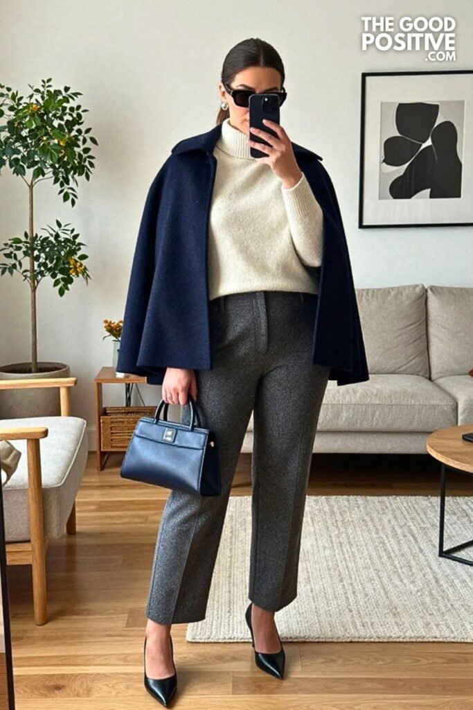 Navy Cape Coat with Cream Mock-Neck Sweater and Gray Wool Palazzo Trousers