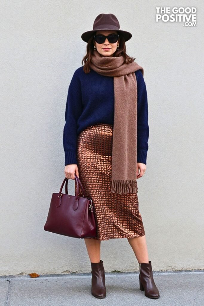 Navy Cashmere Sweater with Copper Jacquard Midi Skirt