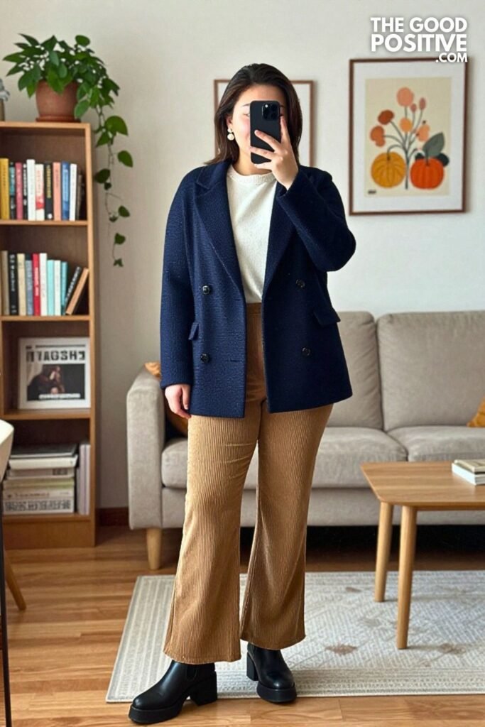 Navy Double-Breasted Knit Blazer with Corduroy Flare Pants and Platform Boots