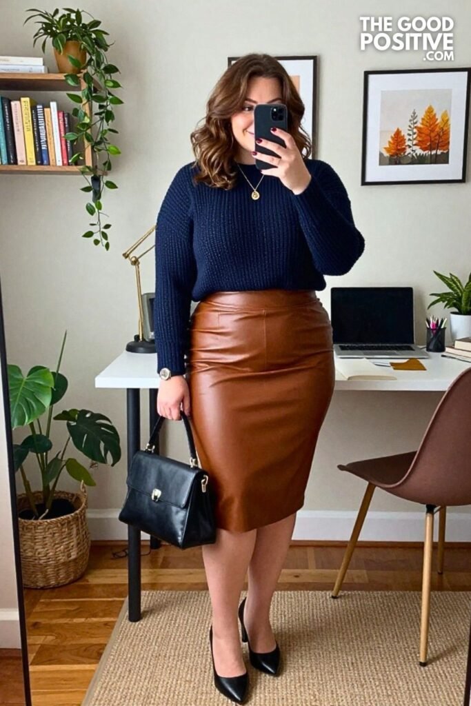 Navy Jacquard Sweater with Faux Leather Pencil Skirt and Block Heel Pumps