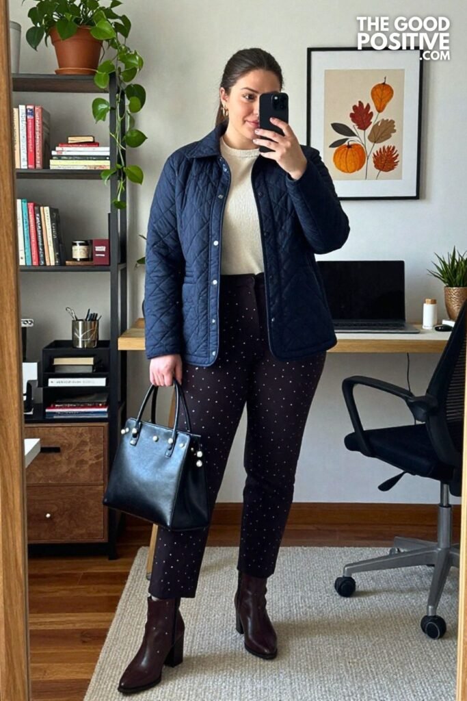Navy Quilted Lady Jacket with Cinnamon Pintuck Trousers