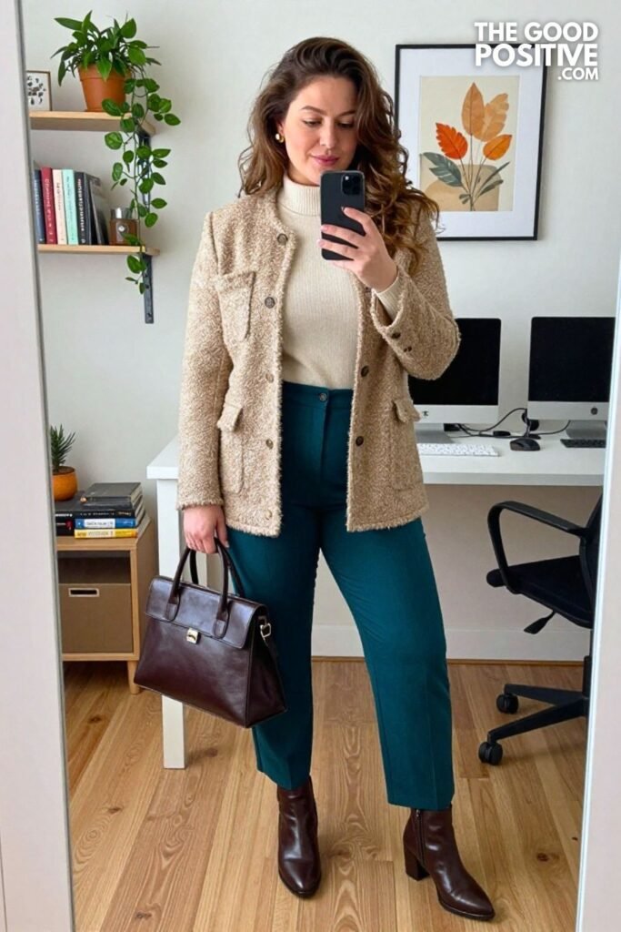 Oatmeal Bouclé Jacket with Deep Teal Pleated Trousers