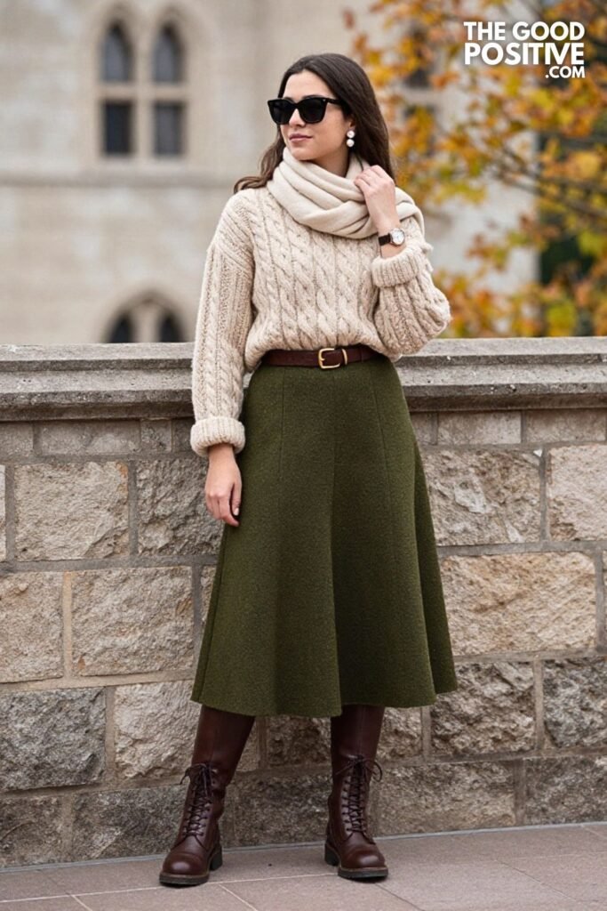 Oatmeal Cable Knit with Deep Moss A-Line Wool Skirt