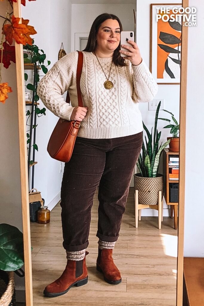 Oatmeal Cable Sweater with Espresso Corduroy Trousers