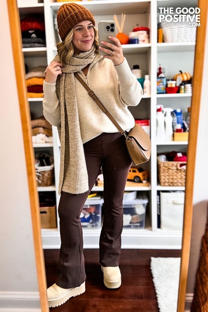 Oatmeal Half-Zip Knit With Espresso Ribbed Flare Leggings