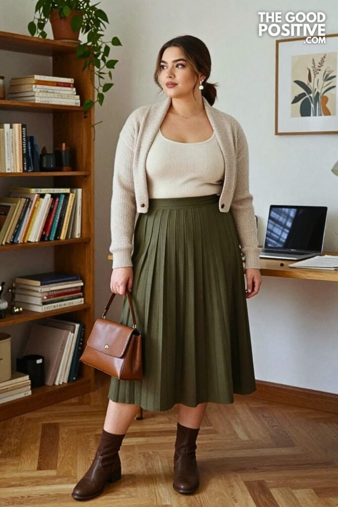 Oatmeal Shawl Collar Cardigan with Box Pleat Midi Skirt and Sock Boots