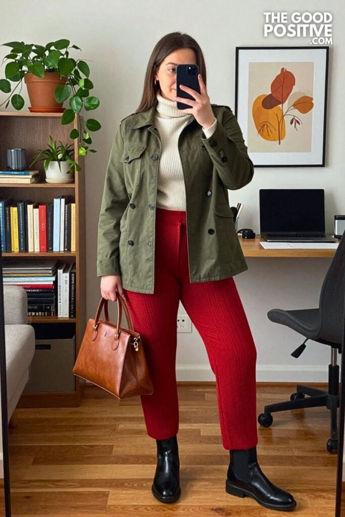 Olive Double-Breasted Jacket with Brick Red Knit Pants