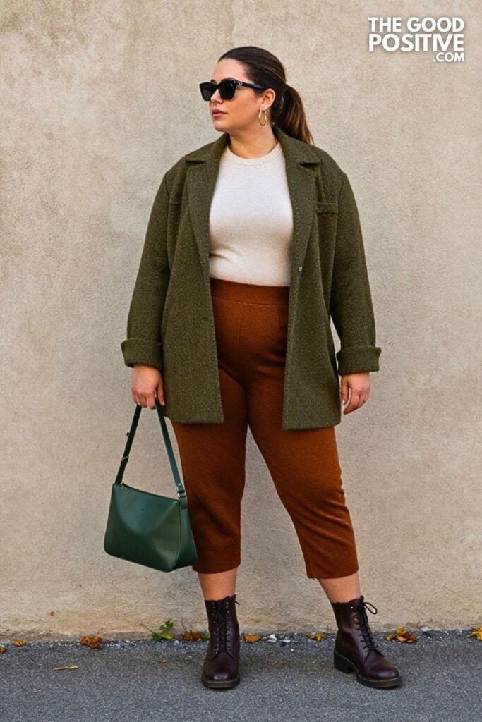 Olive Herringbone Overshirt with Cinnamon Knit Culottes