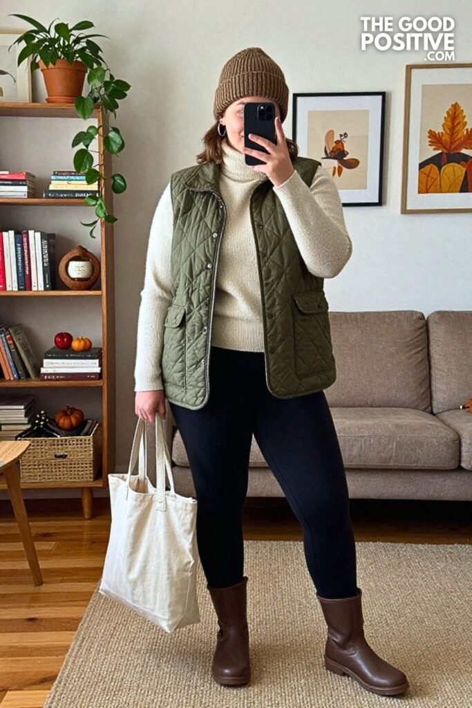 Olive Quilted Gilet with Merino Turtleneck, Ponte Leggings and Duck Boots