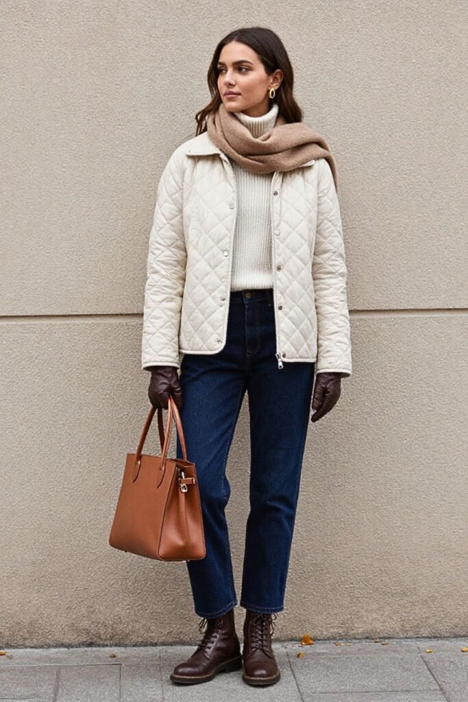 Olive Quilted Jacket with Dark Indigo Straight-Leg Jeans