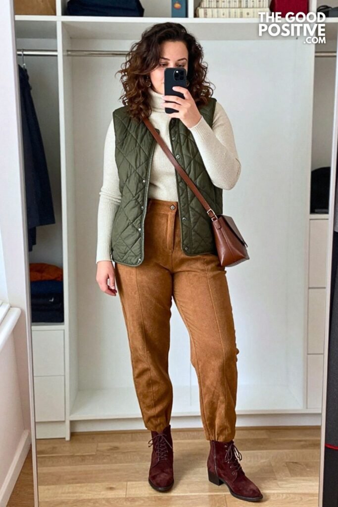 Olive Quilted Vest With Cinnamon Barrel-Leg Trousers
