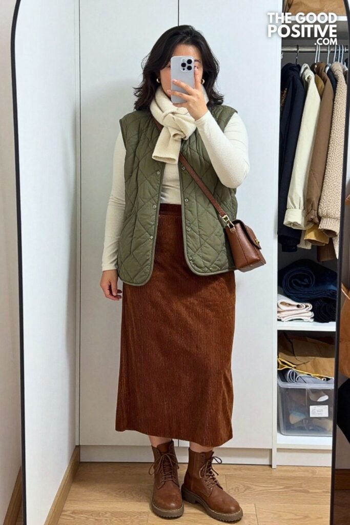 Olive Quilted Vest with Cinnamon Corduroy Skirt