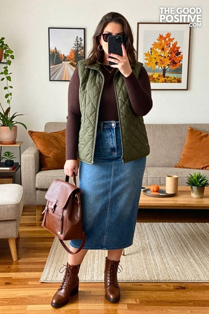 Olive Quilted Vest with Cinnamon Denim Midi Skirt