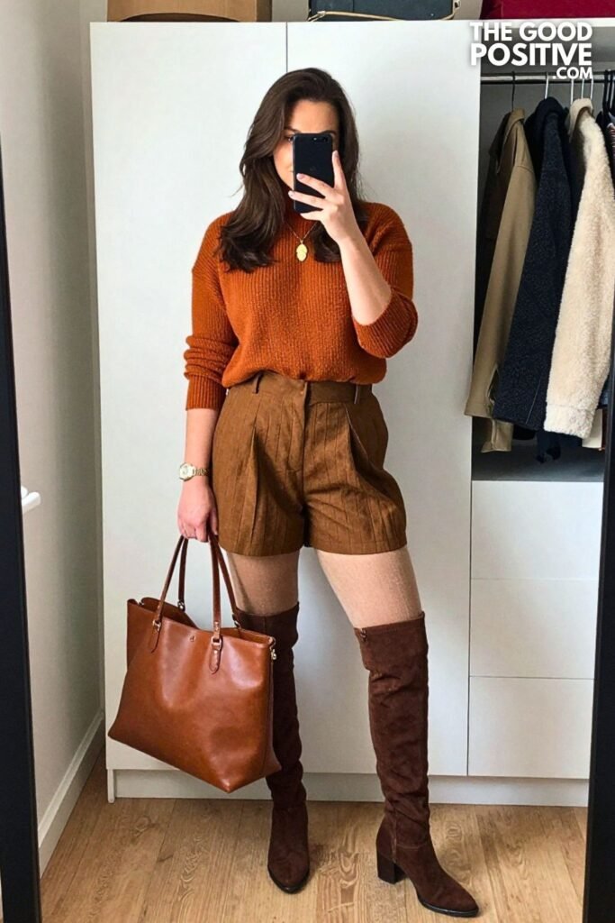 Olive Sweater Blazer with Caramel Pleated Shorts