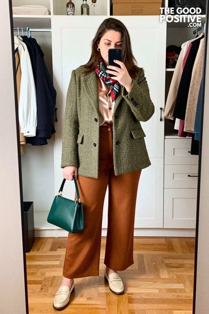 Olive Tweed Jacket with Cinnamon Wide-Leg Trousers