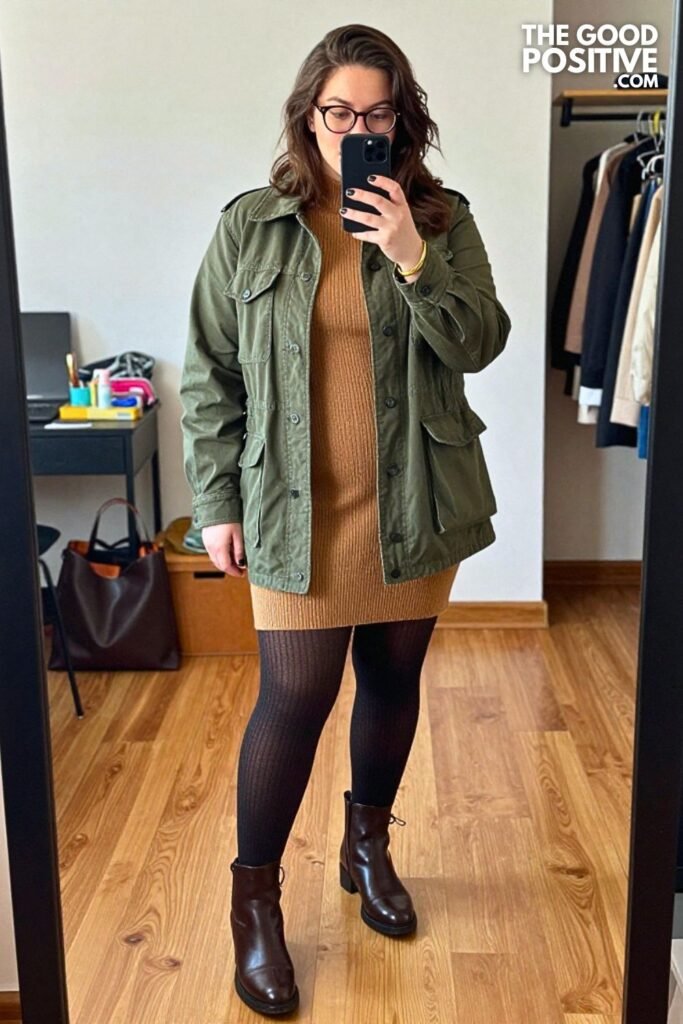 Olive Utility Jacket with Caramel Knit Column Dress