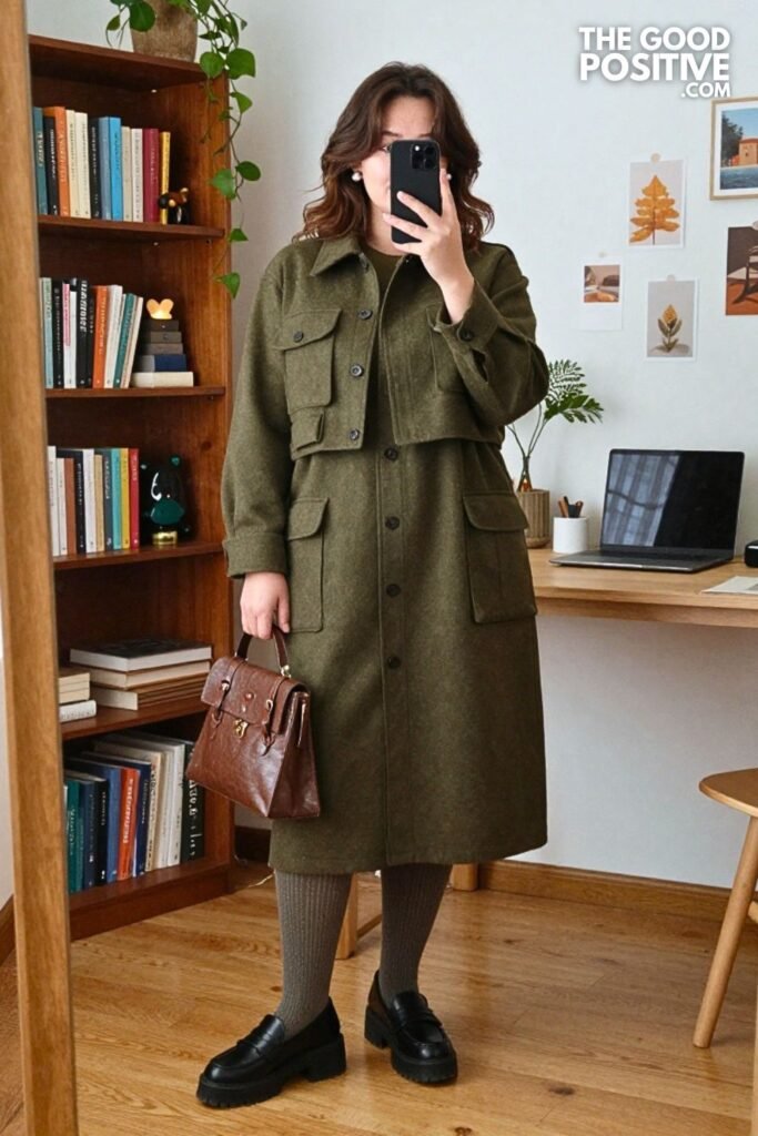 Olive Utility Shirt Dress with Cropped Jacket and Platform Loafers