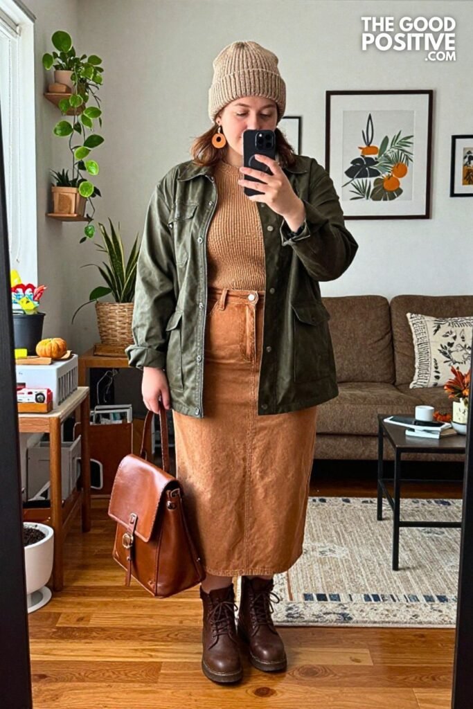 Olive Waxed Jacket with Cinnamon Denim Midi Skirt