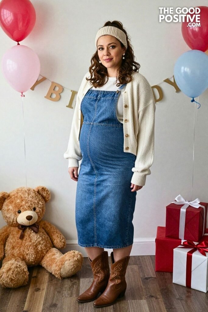 Oversized Rugby Shirt with Stretch Denim Overalls and Cowboy Boots