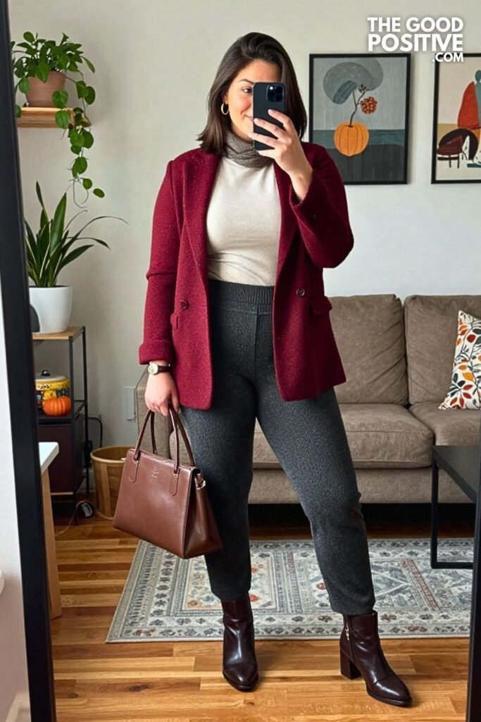 Oxblood Sweater Blazer with Charcoal Knit Pants