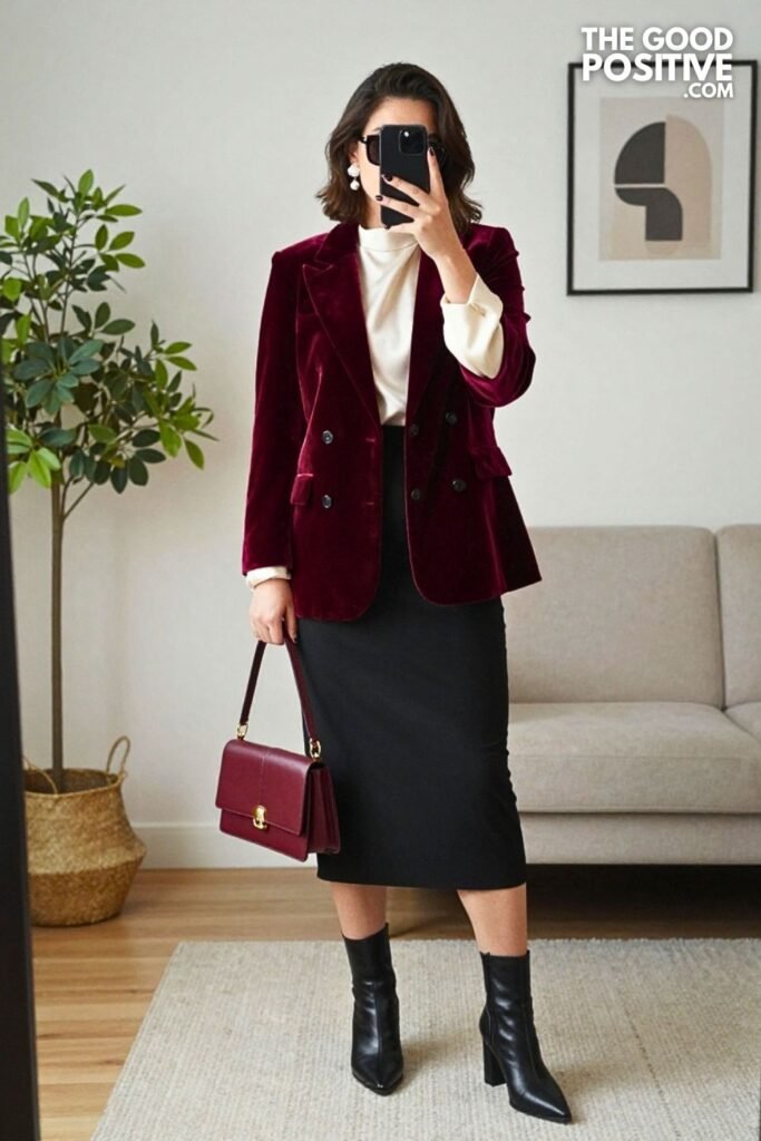 Oxblood Velvet Blazer with Ivory Silk Shell and Black Midi Pencil Skirt