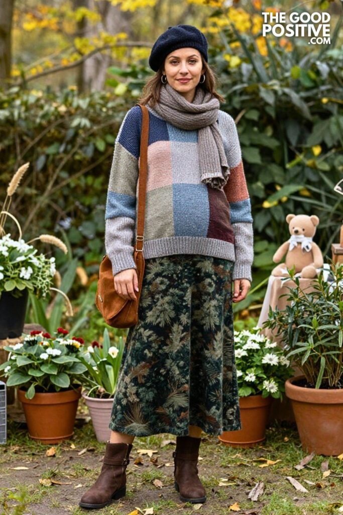 Patchwork Knit Sweater with Brushed Twill Maxi Skirt and Harness Boots