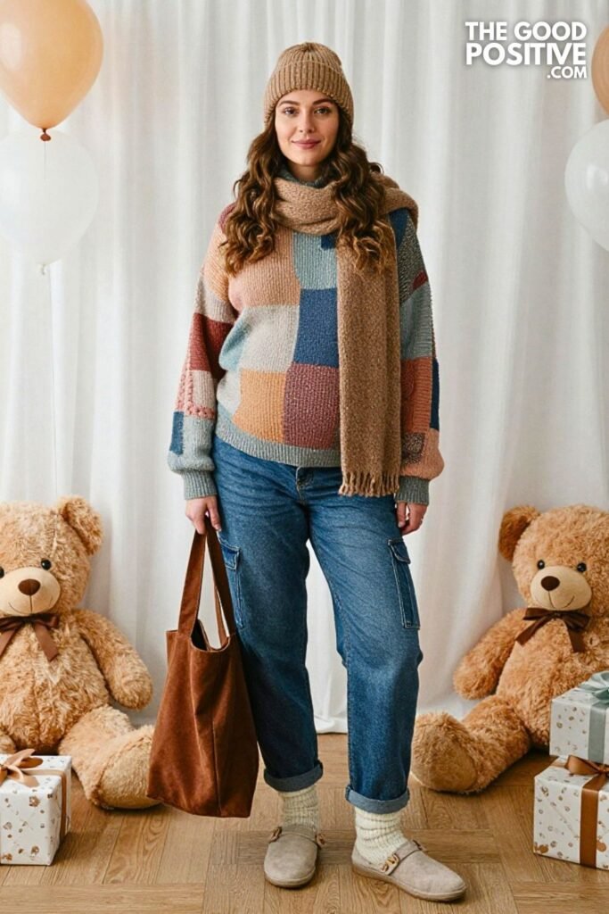 Patchwork Knit Sweater with Relaxed Carpenter Jeans and Cozy Moccasins