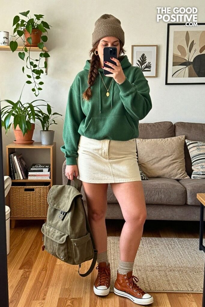 Pine Green Hoodie with Cream Denim Skirt