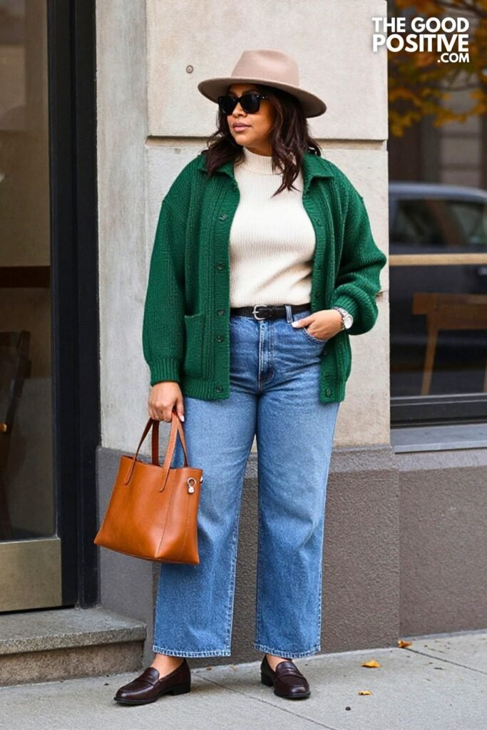 Pine Green Knit Jacket with Mushroom Wide-Leg Jeans