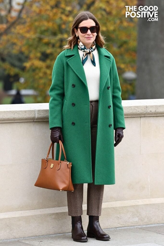 Pine Green Wool Coat with Brown Micro-Check Trousers