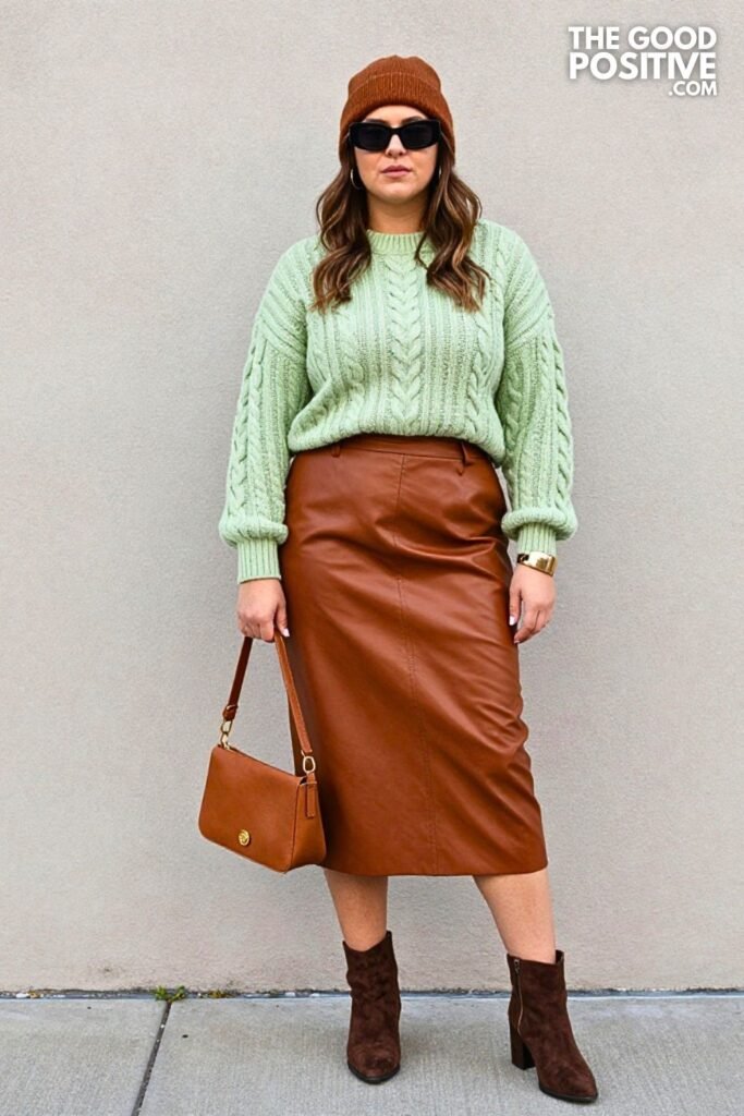 Pistachio Cable Sweater with Burnt Clay Faux Leather Skirt