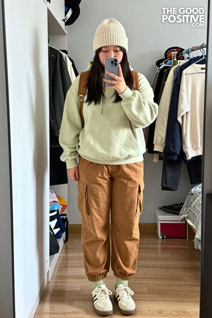 Pistachio Knit Hoodie with Cinnamon Cargo Pants