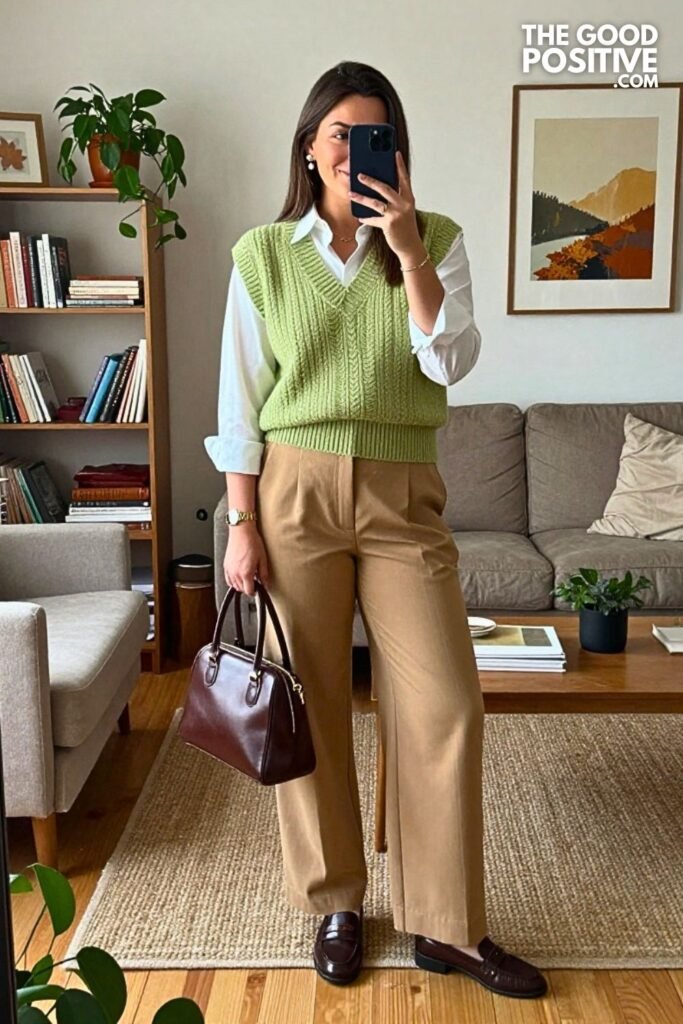 Pistachio Knit Vest with Wide-Leg Camel Trousers