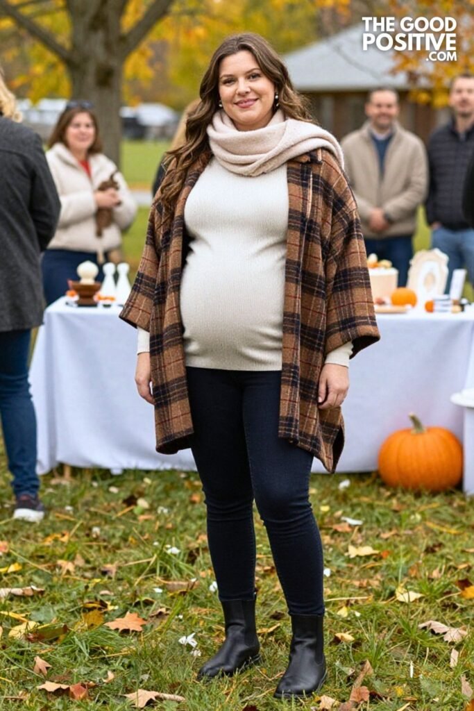 Plaid Cape Jacket with Stretch Denim and Lug Sole Chelsea Boots