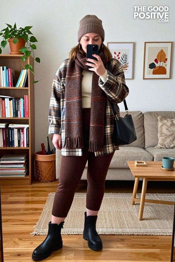 Plaid Wool Overshirt with Chocolate Knit Culottes and Lug Boots