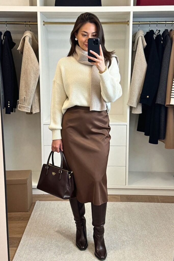 Plum Mock-Neck Sweater with Walnut Satin Midi Skirt