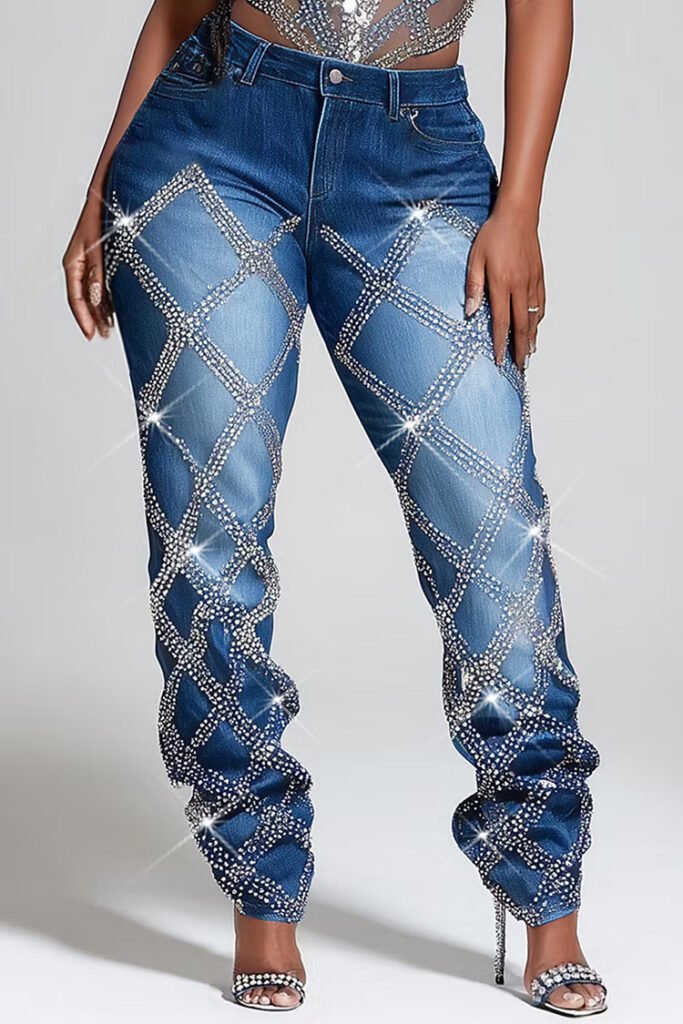 Plus Size Business Casual Blue Drilling Casual Pocket Denim Jeans