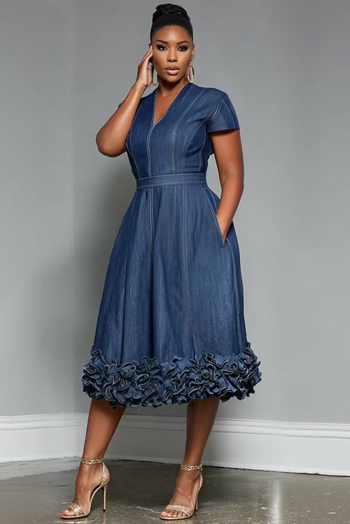 Plus Size Business Casual Blue V Neck Short Sleeve Pocket Ruffle Tencel Denim Midi Dress