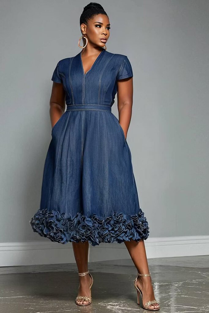Plus Size Business Casual Blue V Neck Short Sleeve Pocket Ruffle Tencel Denim Midi Dress