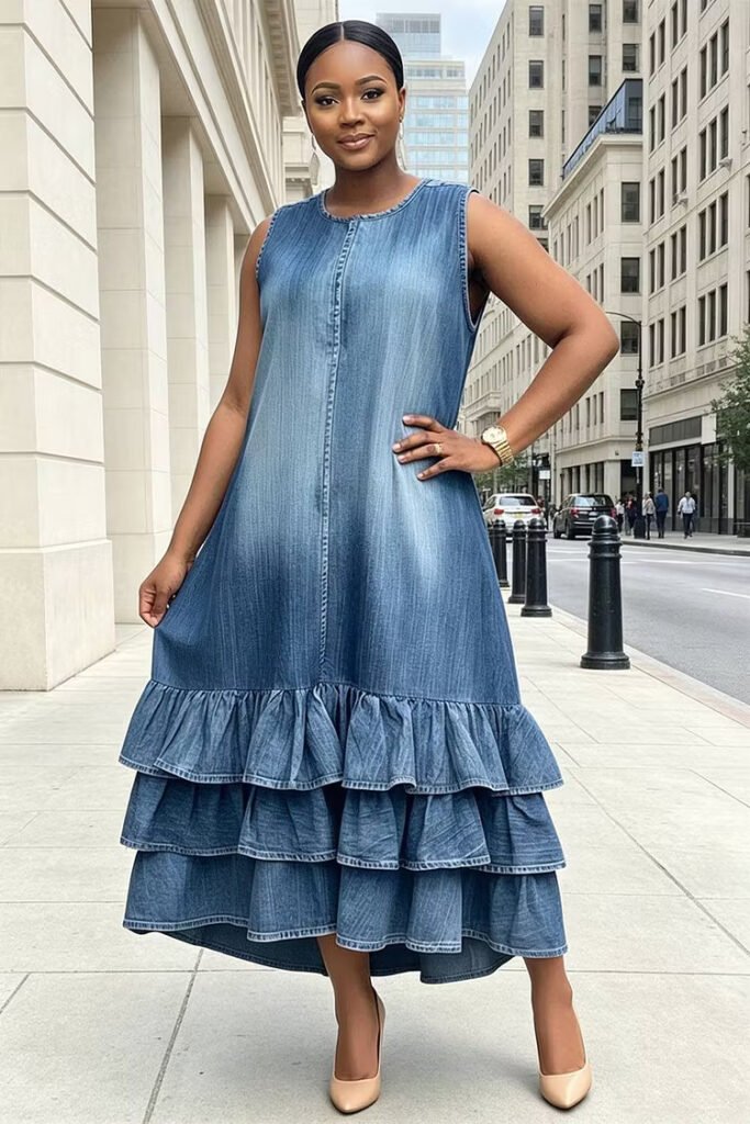 Plus Size Business Casual Light Blue Round Neck Ruffle Pocket Denim Midi Dress