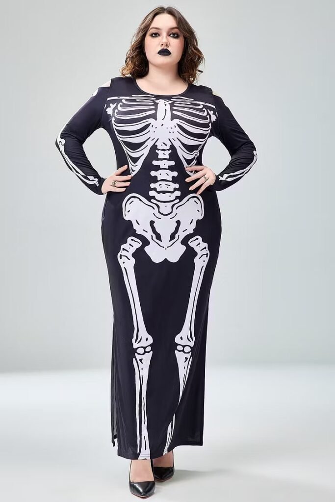 Plus Size Casual Halloween Costume Gothic Black Round Neck Long Sleeve Skeleton Print Knitted Maxi Dress