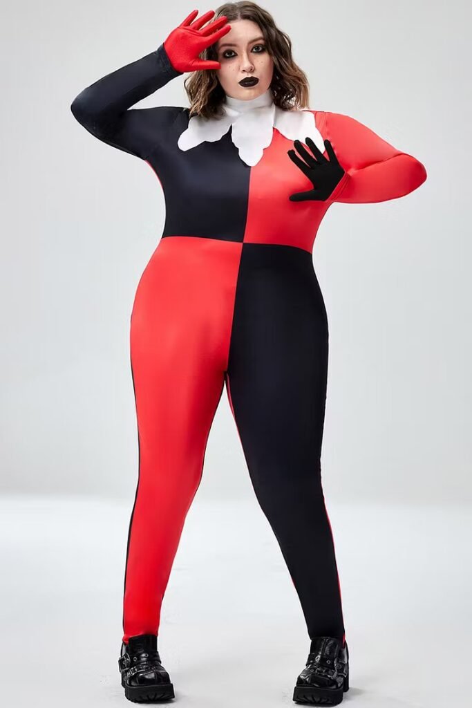 Plus Size Casual Halloween Costume Red All Over Print Long Sleeve Knitted Jumpsuit
